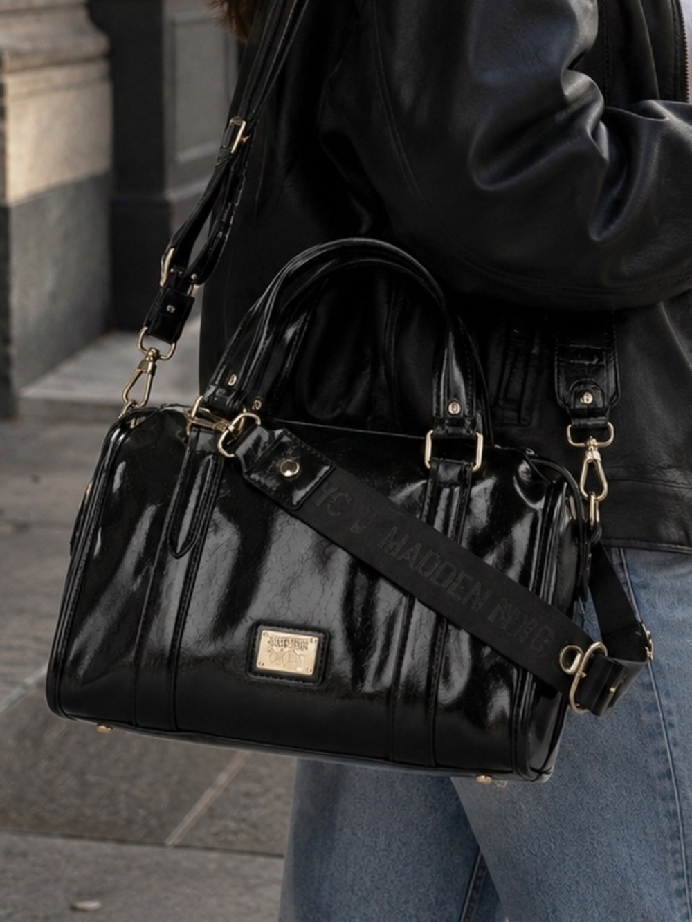 Madden NYC Black Patent Satchel Handbag Gold Hardware Crossbody NWT